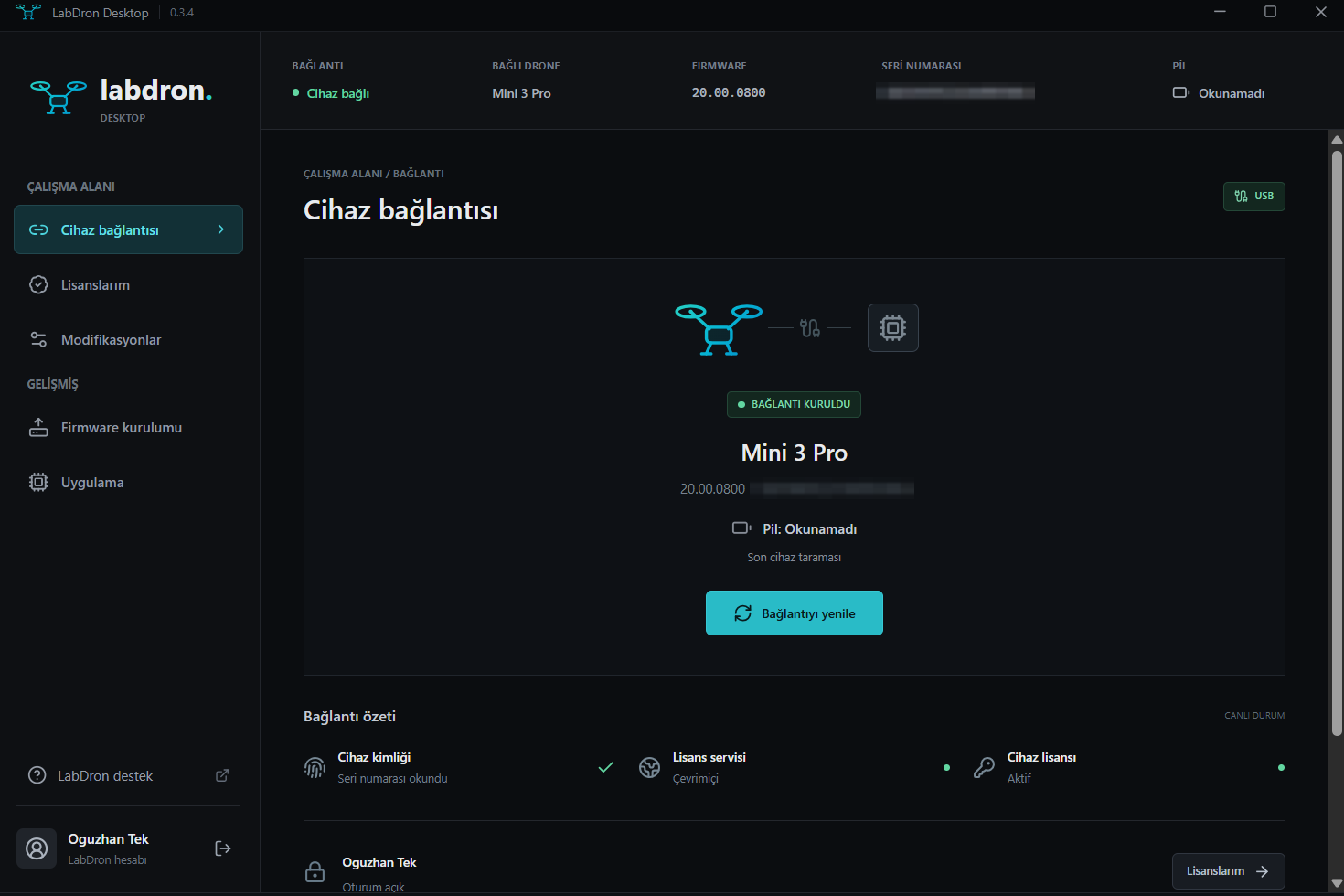 LabDron PC — Cihaz bağlantısı